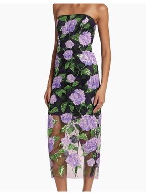Milly Kait Strapless Black Dress with Lilac Floral Sequins sz 0